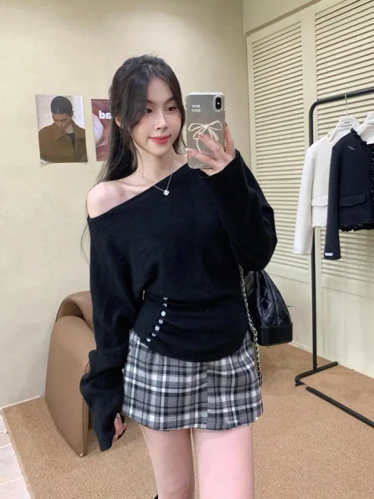 

Корейский женский однотонный модный пуловер с открытыми плечами, вязаный свитер, новые осенне-зимние элегантные топы с длинными рукавами, повседневная одежда, тренд