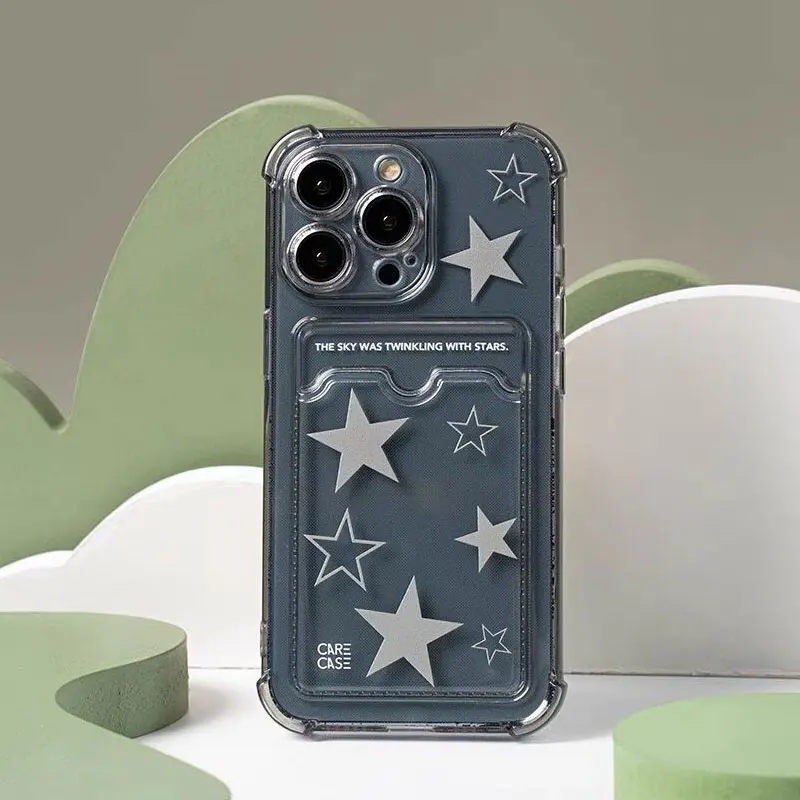 New Shockproof Transparent Case For iPhone 16 15 14 13 12 11Pro Max Xs XR Max 7 8 Plus Phone Star Pattern Card Slot Bracket Case