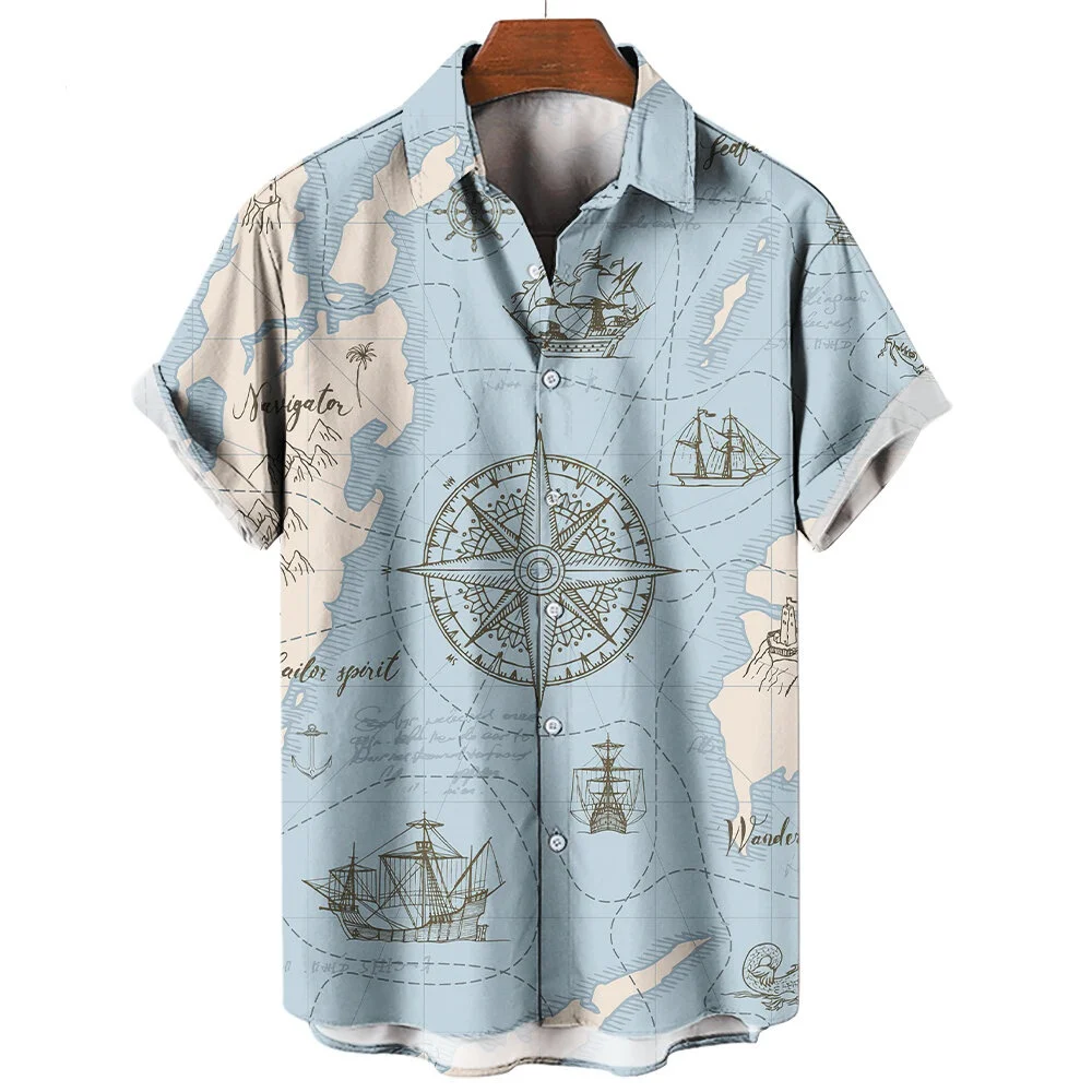 Men's Short Sleeve Shirt Summer Fashion Nautical Compass Anchor Printed Tops Men's Casual Loose Shirts Oversized Size S-2XL