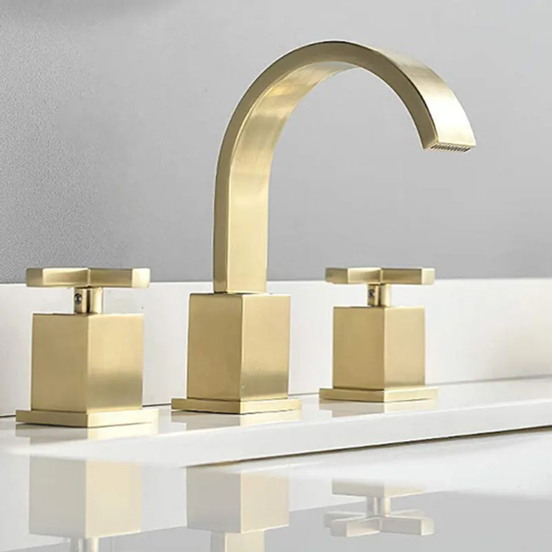 Brass Basin Faucets,Widespread Sink Mixer,Bathroom Waterfall Taps,Hot & Cold,Dual Handle,Deck Mounted,Brushed Gold,Black,Chrome