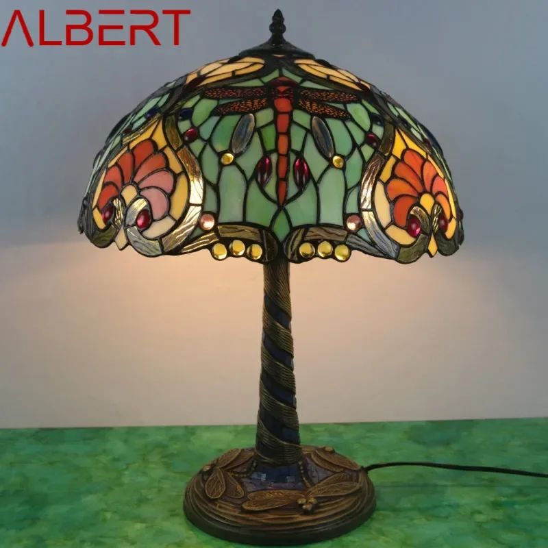 ALBERT Tiffany Glass Table Lamp LED Creative Retro Dragonfly Desk Light Fashion Decor For Home Living Room Bedroom Bedside