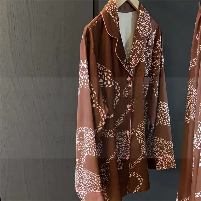 

Luxury Coffee Leopard Loungewear Lady Rayon Sleepwear Long Sleeve Top Pant 2Pcs Home Clothes 2025 Autumn Spring Pajamas Set