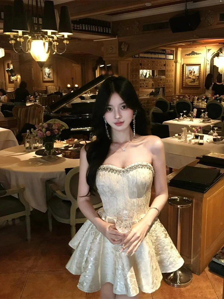 

XZY Ele Элегантное женское платье с тяжелой вышивкой бисером, без бретелек, с пышной юбкой, в горошек, из полиэстера, для дня рождения, класса люкс