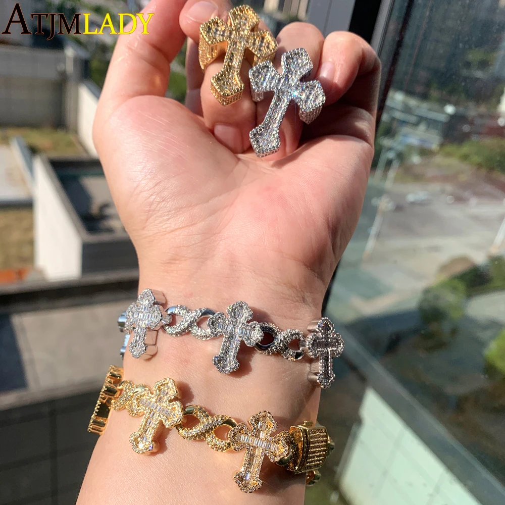 New Iced Out Ball Infinity Cross Necklace for Men Women Bling Cubic Zirconia Cuban Chain Cross Ring Bracelet Hip Hop Jewelry Set