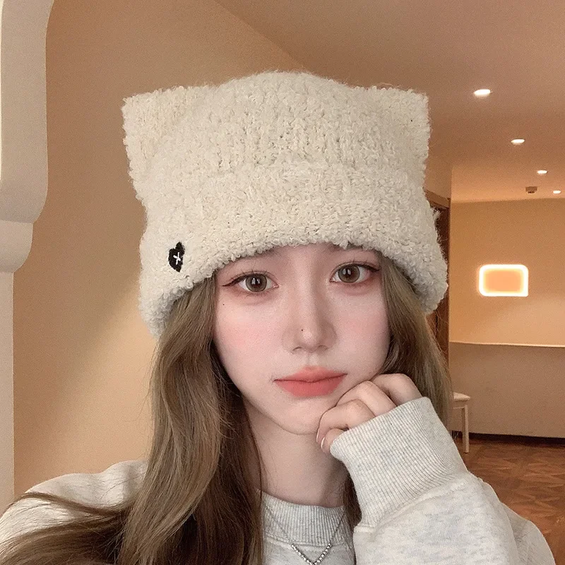 

Japanese Y2k Sweet and Cute Cat Ear Beanies for Women Autumn and Winter Warm Ear Protection Love Embroidered Plush Knitted Hat