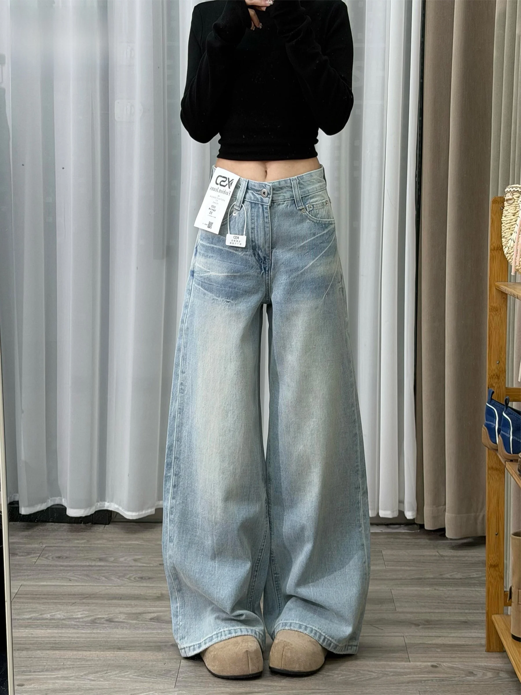 

Светло-голубые американские джинсы с эффектом потертости, широкие брюки, женские летние шорты, свободные прямые длинные брюки, повседневные, с высокой талией, хлопковые