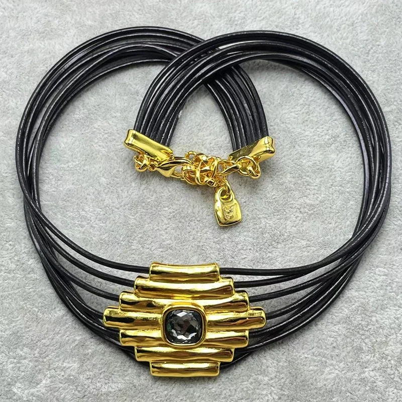 European and American unique elegant black crystal multi-level leather rope necklace women's jewelry