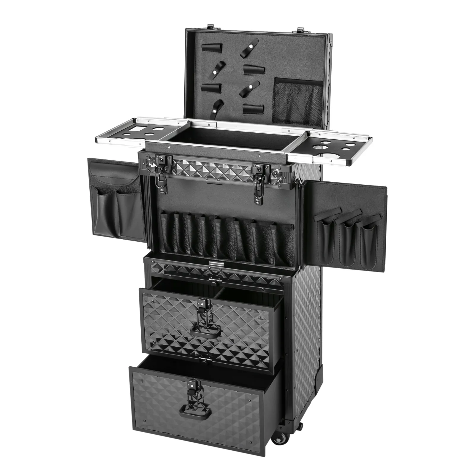 

Rolling Makeup Case Travel Make Up Case with Hair Dryer Holder and 4 Universal Wheels