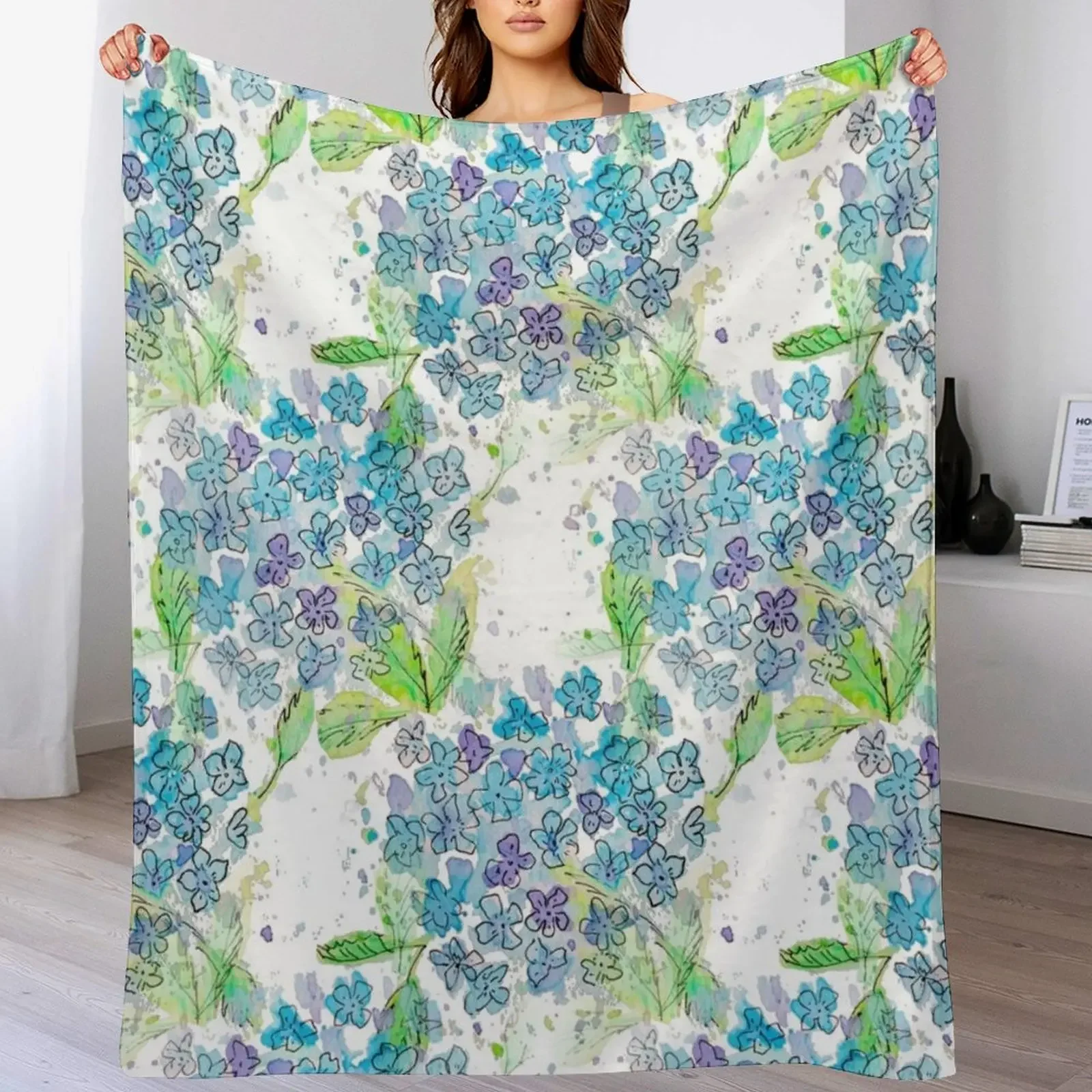 Hydrangeas Watercolour Throw Blanket Machine Washable Soft Warm Blanket