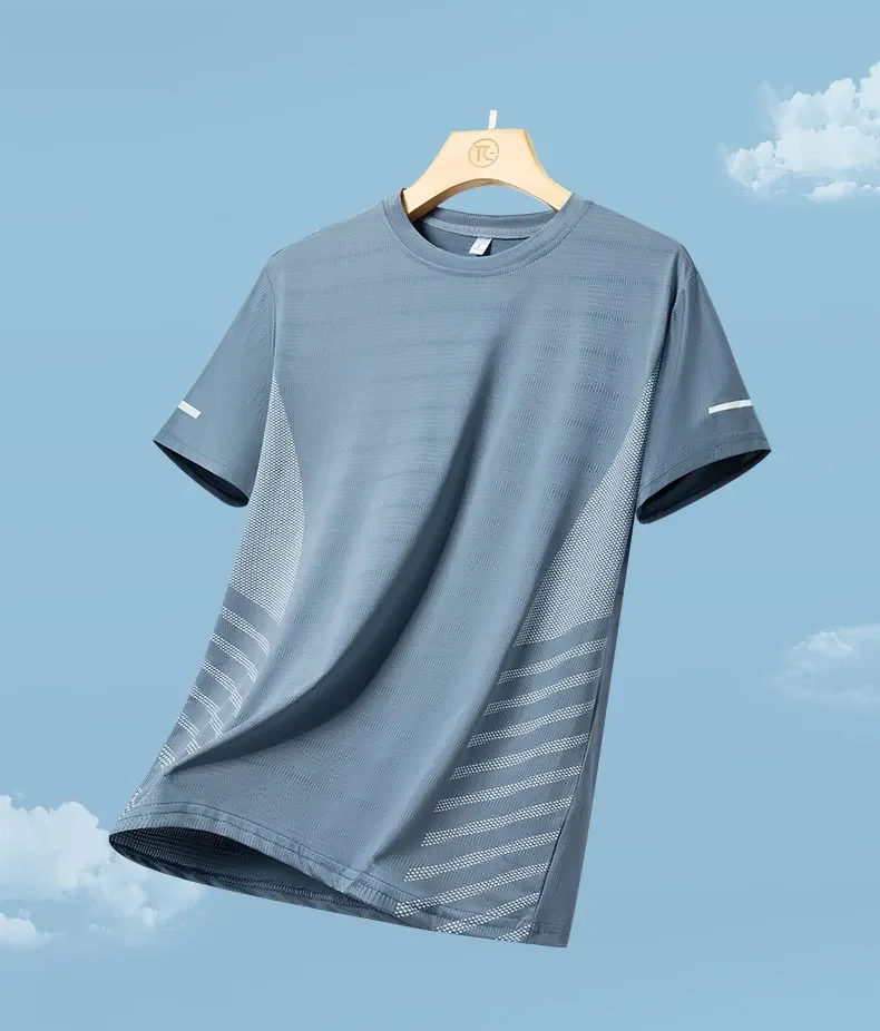 Lauf-T-Shirt für Herren, Sommer, Eisseide, dünnes Oberteil, reflektierender Druck, schnell trocknend, kurzärmelig, atmungsaktiv, Fitness-Sport-T-Shirt, 5XL – Detail 7