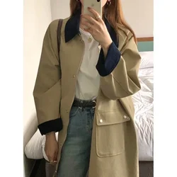 Turn Down Collar Korean Women Short Trench Coats Zipper Cardigan Solid Full Sleeve Splice 2023 Autumn Winter Casual Loose