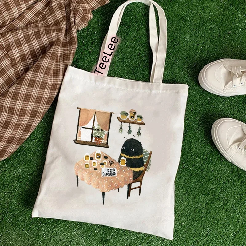 Cats Canvas Tote Bag Shopper Bag Animal Bee Handbag Fashion Casual Large Capacity Cute Cartoon Letters Printing Shoulder Bag