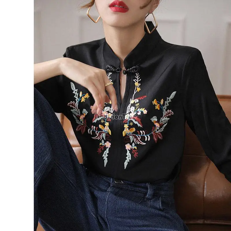 2024 new women traditional chinese top vintage blouse oriental style ol shirt women graceful blouse tangsuit embroidery shirt pd