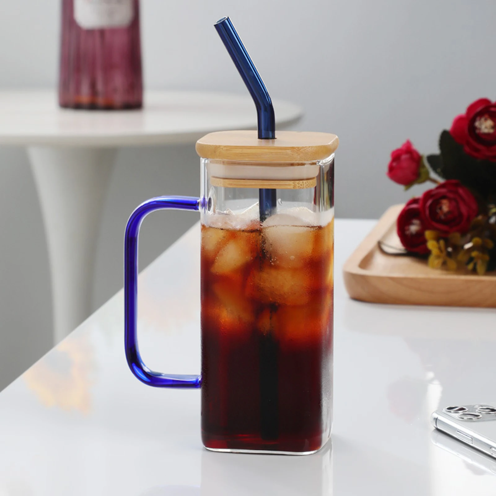 Household Square Straw Water Cup Reusable Drinking Glass Tumbler for Smoothie Iced Coffee Juice