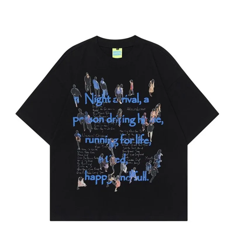 

American Retro Letter Crowd Print T-shirts for Men and Women Summer O-neck Short Sleeves Loose Casual Couple Shirt Fashion Tees