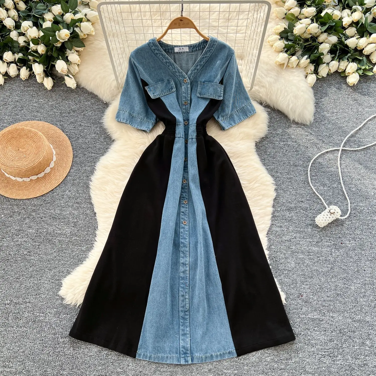 

Denim Dress Women Patchwork Single Breasted V Neck Dresses Casual A Line Short Sleeve V Neck Elegant Vestidos Summer 2025
