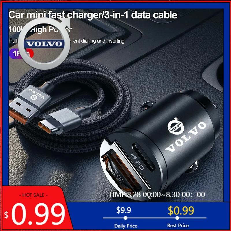 

Колпачки центра колес Mini USB Автомобильное быстрое зарядное устройство Линия передачи данных/прикуриватель Конвертирующая вилка для Volvo EX30 XC60 XC40 V60 V40 XC90 XC70