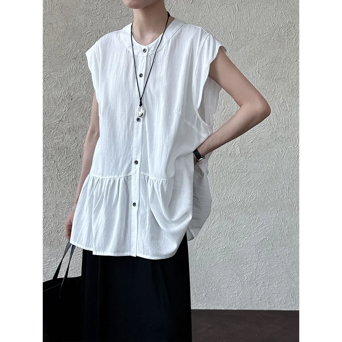 

SuperAen Summer New Sleeveless O-neck Ruffled Spliced Designed Tops for Women Simple Single Breasted Cotton Shirts