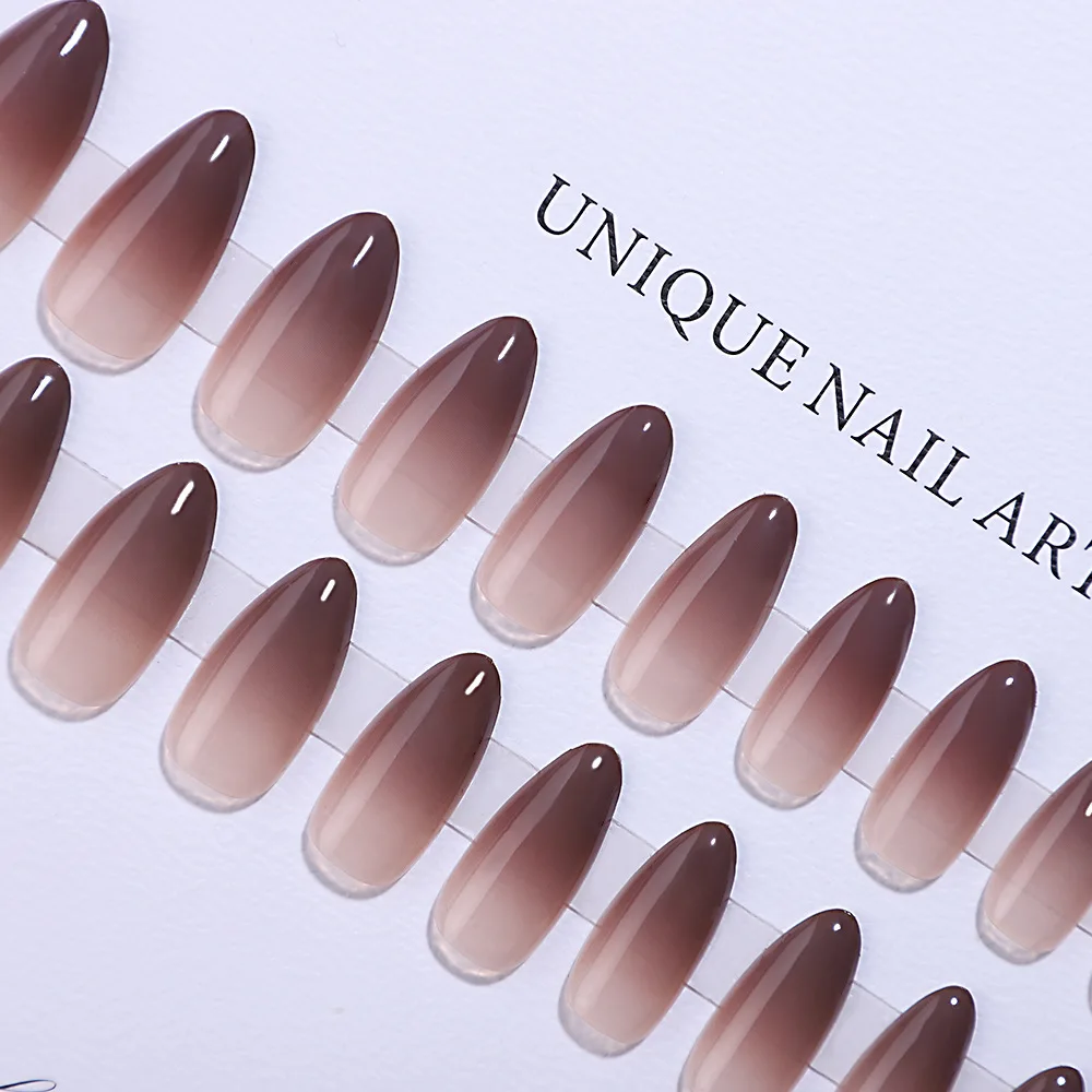 Ins Style Chocolate Brown Gradient Fake Nails Press On Nails Pointed Artificial Nails Removable Long Almond False Nails Finished