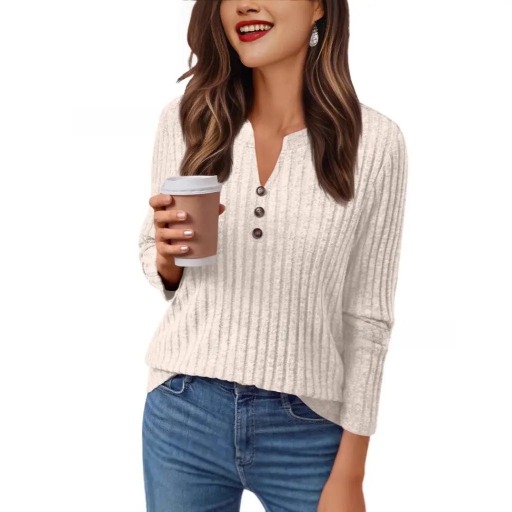 

Women's V-Neck Long-Sleeved Knitted Sweater Button Detail Autumn Winter Casual Top European American Style