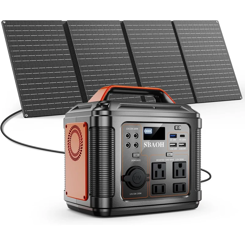 

296Wh 300W Solar Power Station - Pure Sine Wave 110V AC Power Socket and 60W Panel for Home Backup/Camping