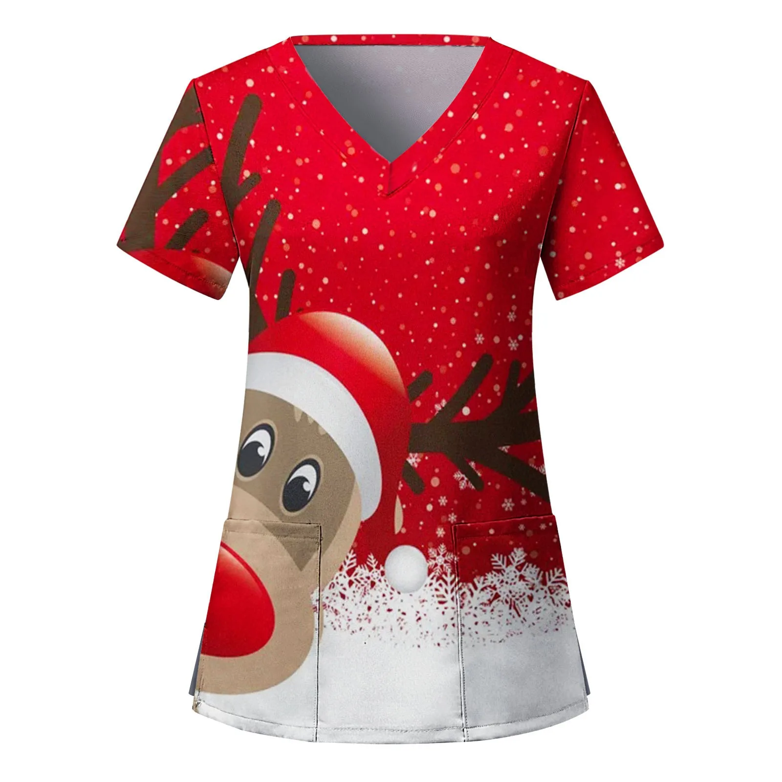 Nurse Uniform Scrubs Women Christmas Print Short Sleeve V-neck Tops Working Uniform Medical Nursing Xmas Workers Scrubs Workwear