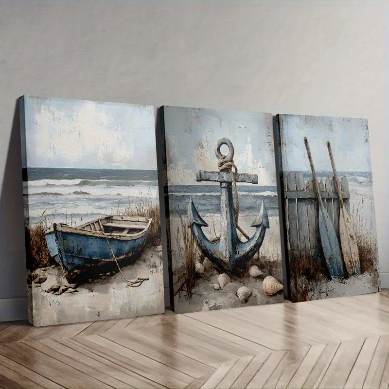 3 قطع من اللوحات القماشية بدون إطار، "مجموعة فنية جدارية بحرية لمشهد الشاطئ مكونة من 3 لوحات - مرساة، قارب، ديكور ساحلي للمجاديف" 11.8X15.7