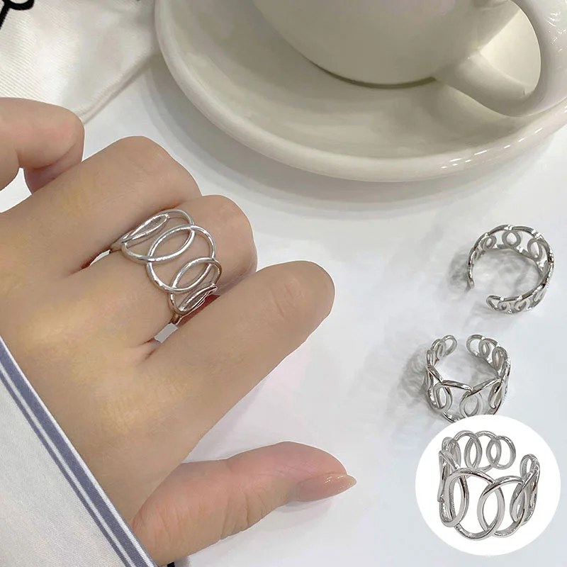 

100% 925 Sterling Silver Geometric Open Ring for Women Girl Fashion Hollow Out Oval Design Jewelry Party Gift Dropshipping