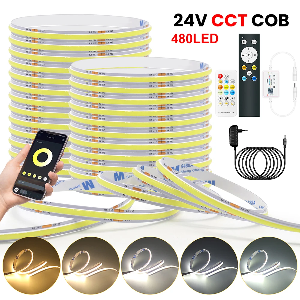480LEDs/m CCT COB LED Strip Light 17Key 12Key APP Bluetooth Remote EU/US/UK/AU Power Kit 24V 2700K 3200K 4000K 5000K 5500K 6500K