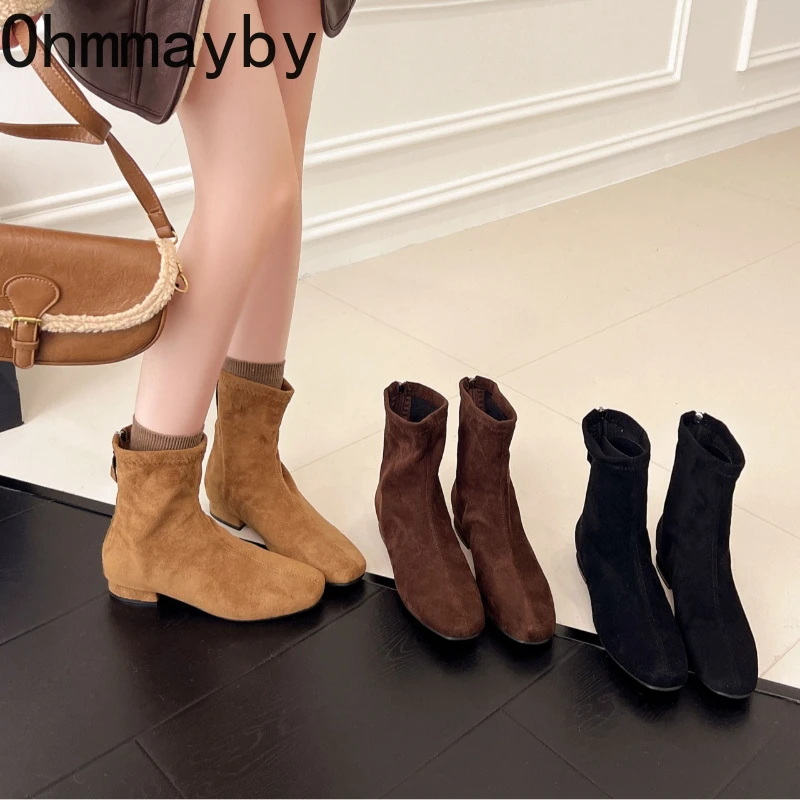 

Winter Fur Lining Thick Heel Women Ankle Boots Concise Square Toe Shoes Ladies Elegant Party Dress Slim Short Botas Para Mujer