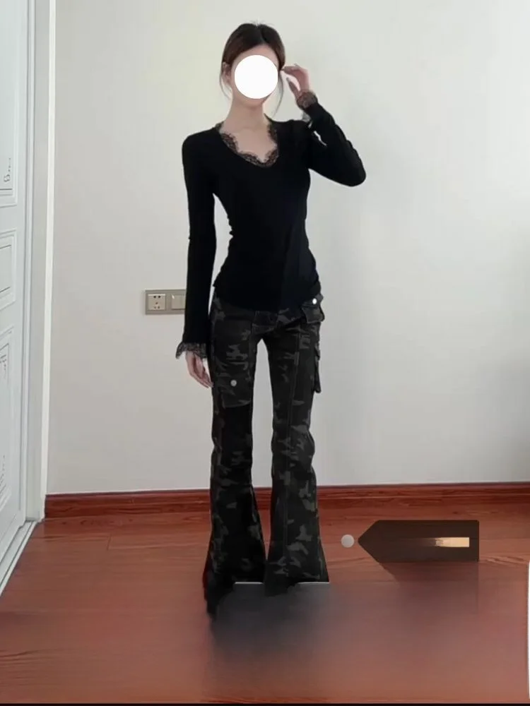 

plus Size American Style Bell Bottom Camouflage Workwear Jeans Women's Slim Fit Drapey Floor Length Pants High Waist Denim