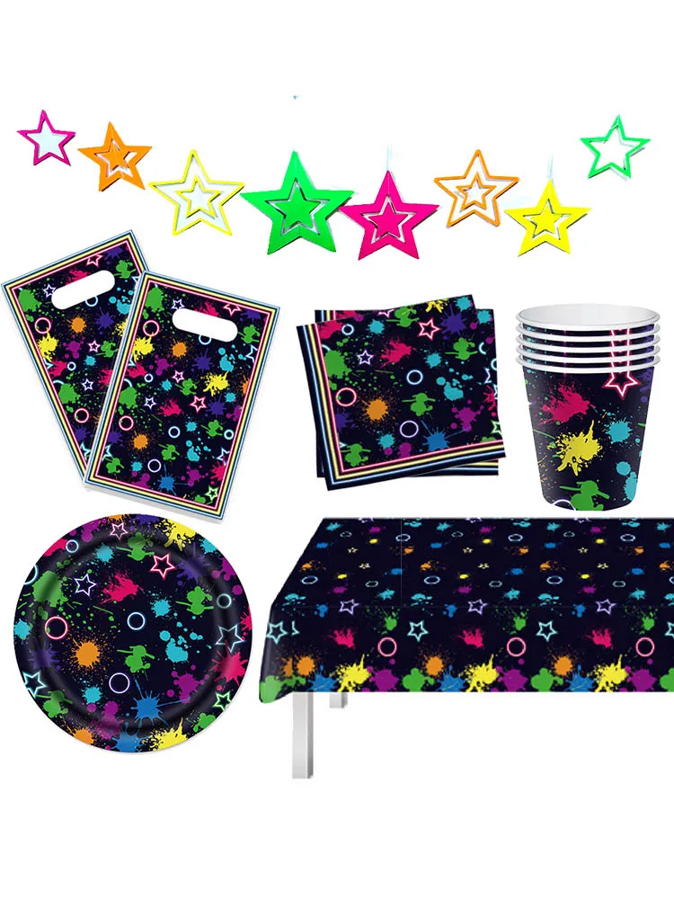 Neon Party Pappteller Tassen Servietten Geschirr Neon Geburtstag Party Dekor Tischdecke Geschenktüte Glow in the Dark Geburtstagszubehör – Detail 1