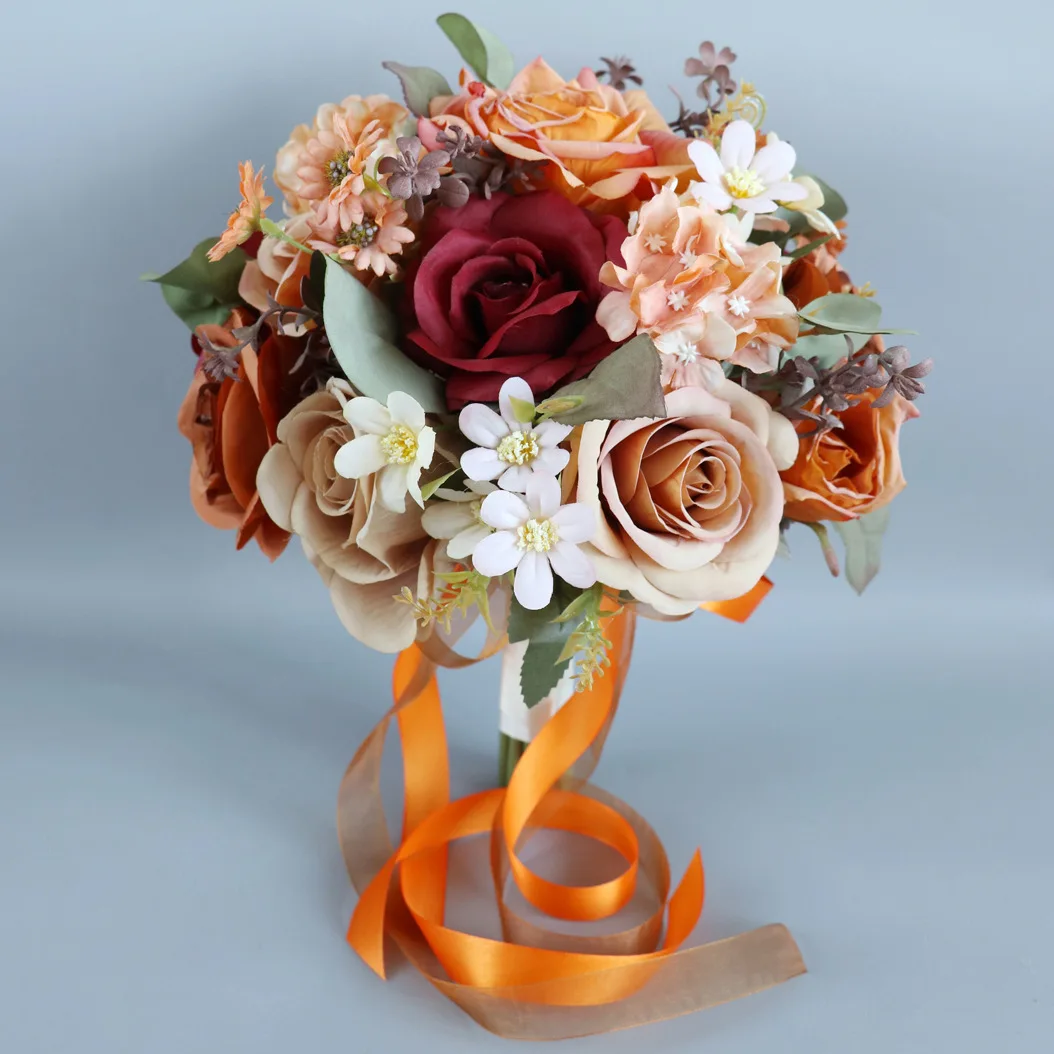 

Orange with Burgundy Bridal Bouquets 2025 New Arrival Wedding Flowers Bouquets 26*32cm