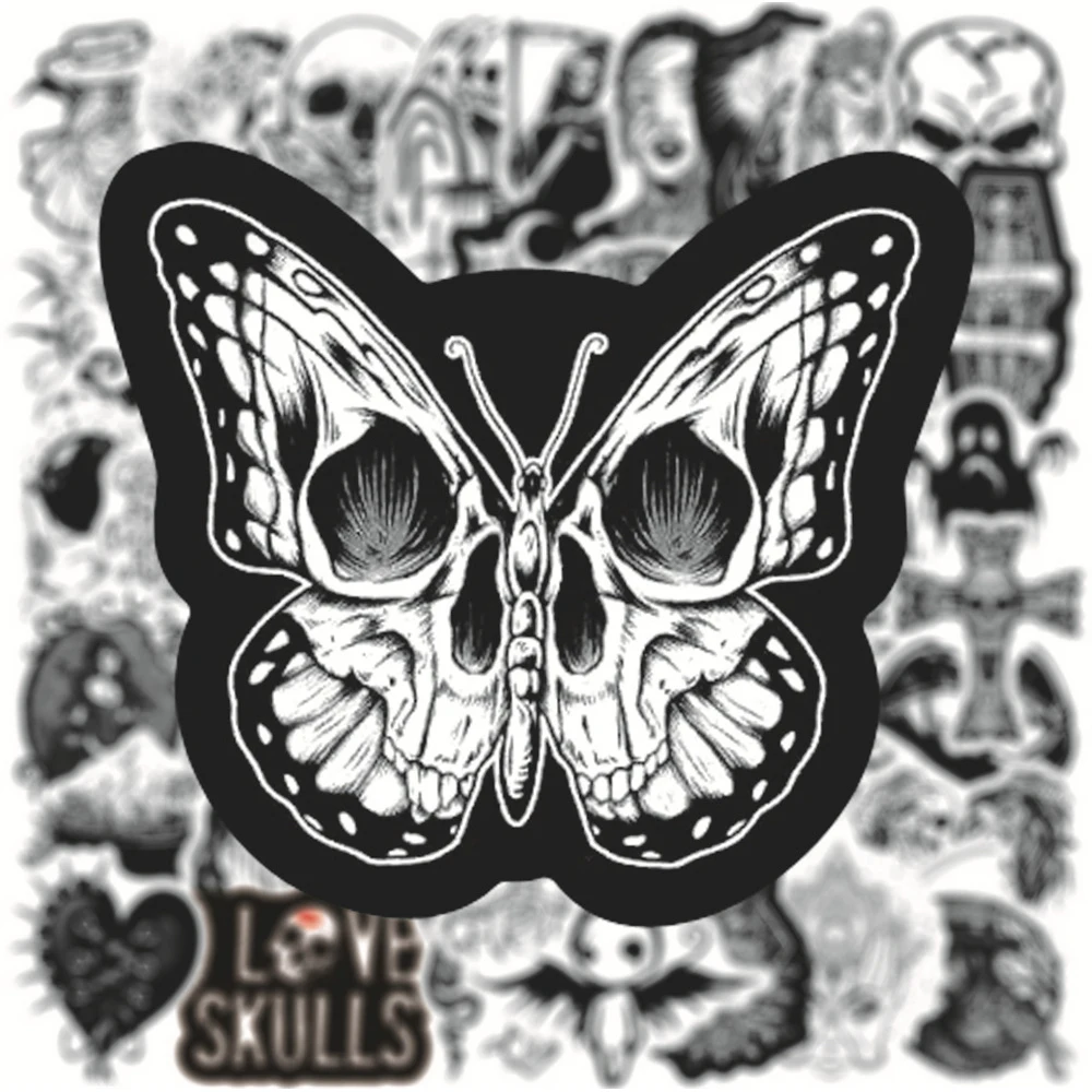 10/30/50PCS Mix and Match Black and White Gothic Horror Graffiti Stickers Notebook Guitar Trolley Case PVC Stickers Wholesale