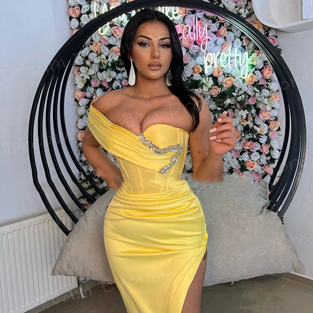 Gorgeous Yellow Women's Mermaid Modern Evening Dresses Sexy One Shoulder Sleeveless Prom Gowns Formal Party Split فساتين سهرة