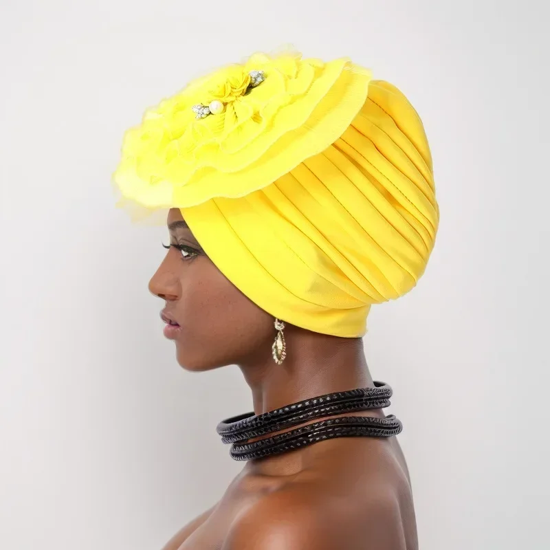 New Big Flower Turban Women Muslim Hijab Cap African Auto Gele Headtie Aso Oke Hat Nigeria Wedding Headpiece Headscarf Bonnet