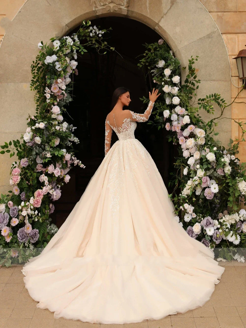 Flavinke personalizado miçangas pérolas apliques fora do ombro a linha vestidos de noiva rendas mangas completas vestidos de casamento champaghe 2025