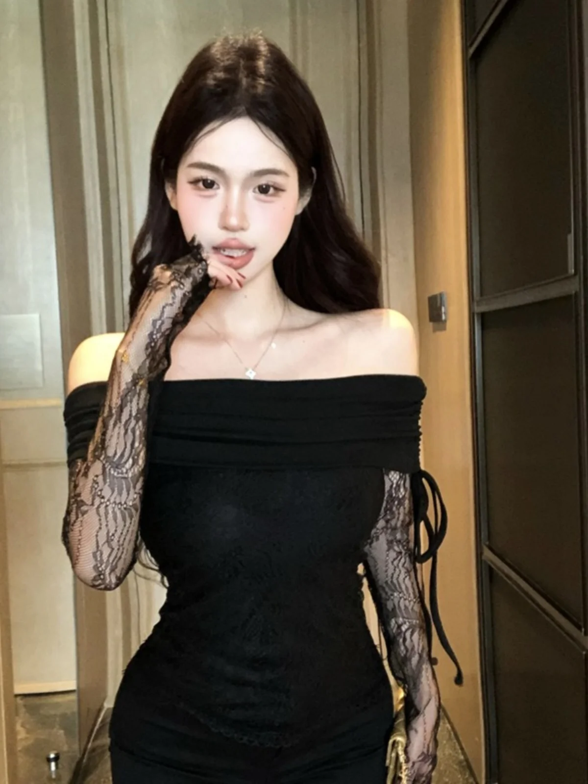 Zuivere Wol Kant Splice Baskische Taille Een schouder Lange Sve T-shirt Vrouwen Sexy Pittige Meisje Basis irt ort Lengte Ultra ort