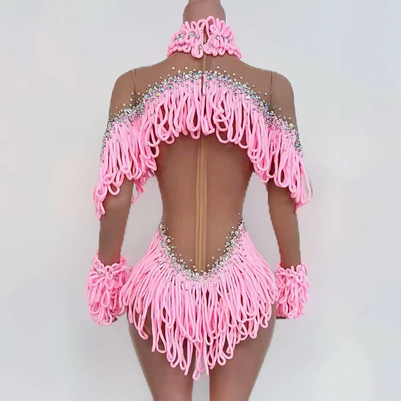 나이트 클럽 고고 댄스 의상 핑크 술 긴 소매 바디 슈트 여성 파티 무대 공연 의류 섹시한 드래그 옷 VDL3966