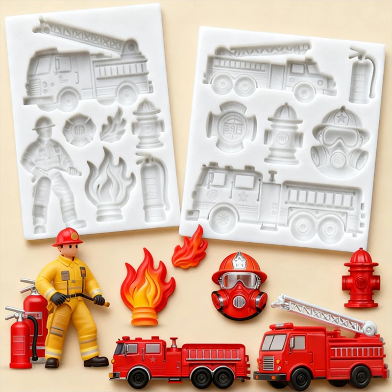 Cartoon firefighter, fire engine, silicone mold, children's doll, fire extinguisher, water pipe shape, DIY chocolate candy mold