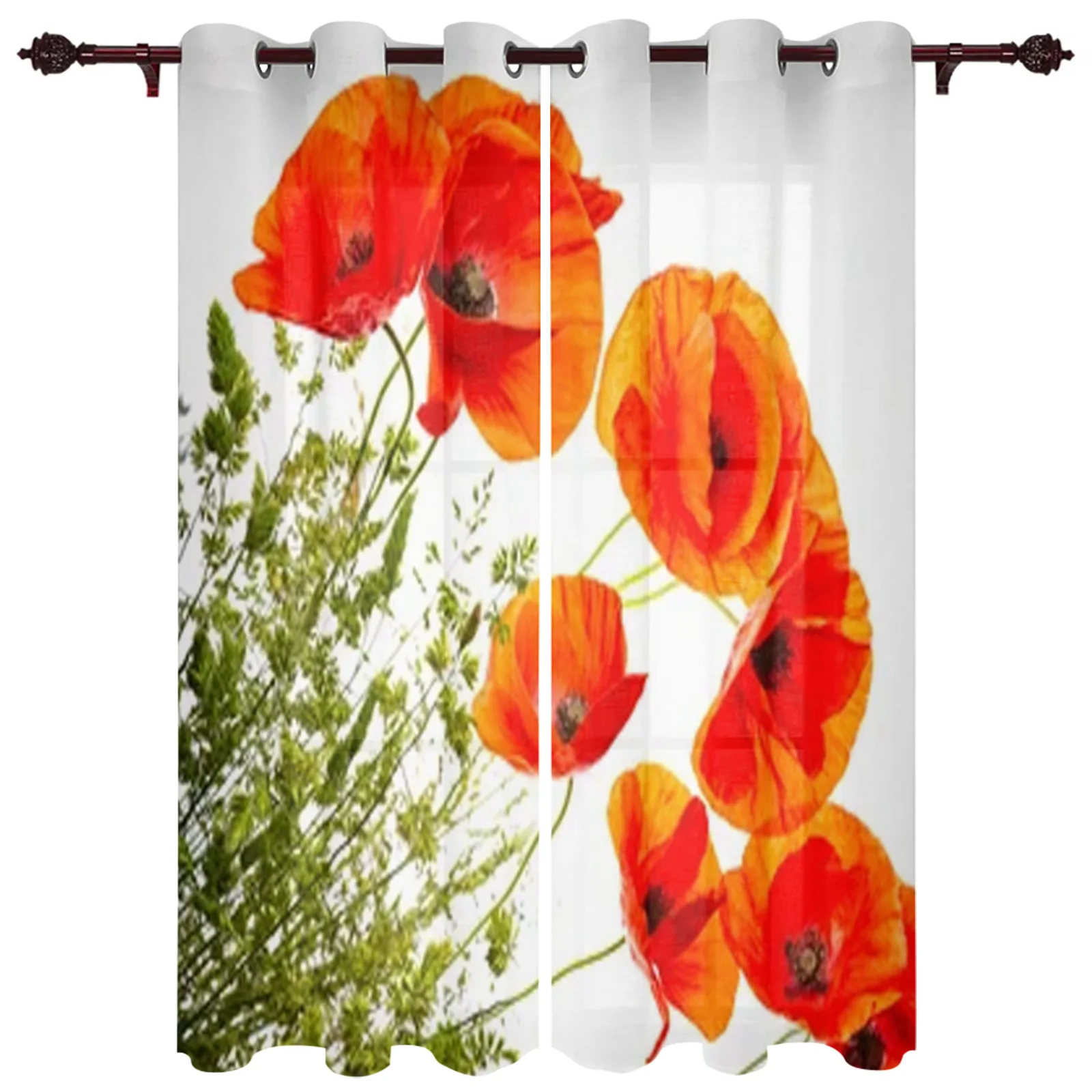 Green Grass And Red Poppies Window Curtains For Living Room Bedroom Luxury Modern Kitchen Curtains Fabric Drapes