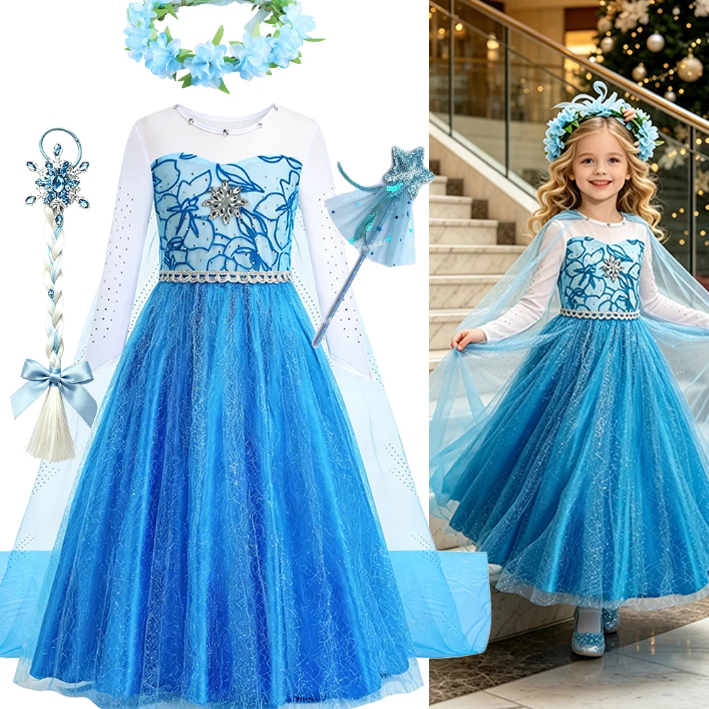 Blue Princess Dress for Girls Costume Dress Up Birthday Party Gown Children Carnival Halloween World Book Day Clothing