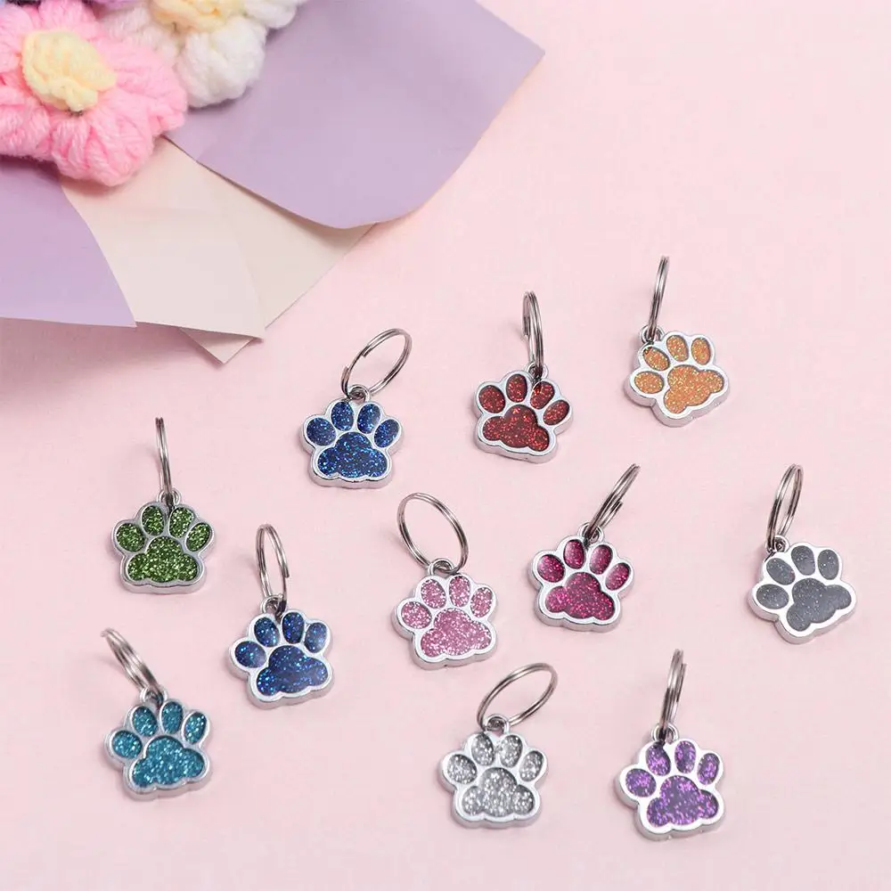 Cat Dog Paw Print Dog Cat Tags Personalized Exquisite Pet Glitter Pendant Anti-Lost with Hook Pet Collar Tag Pendant Puppy