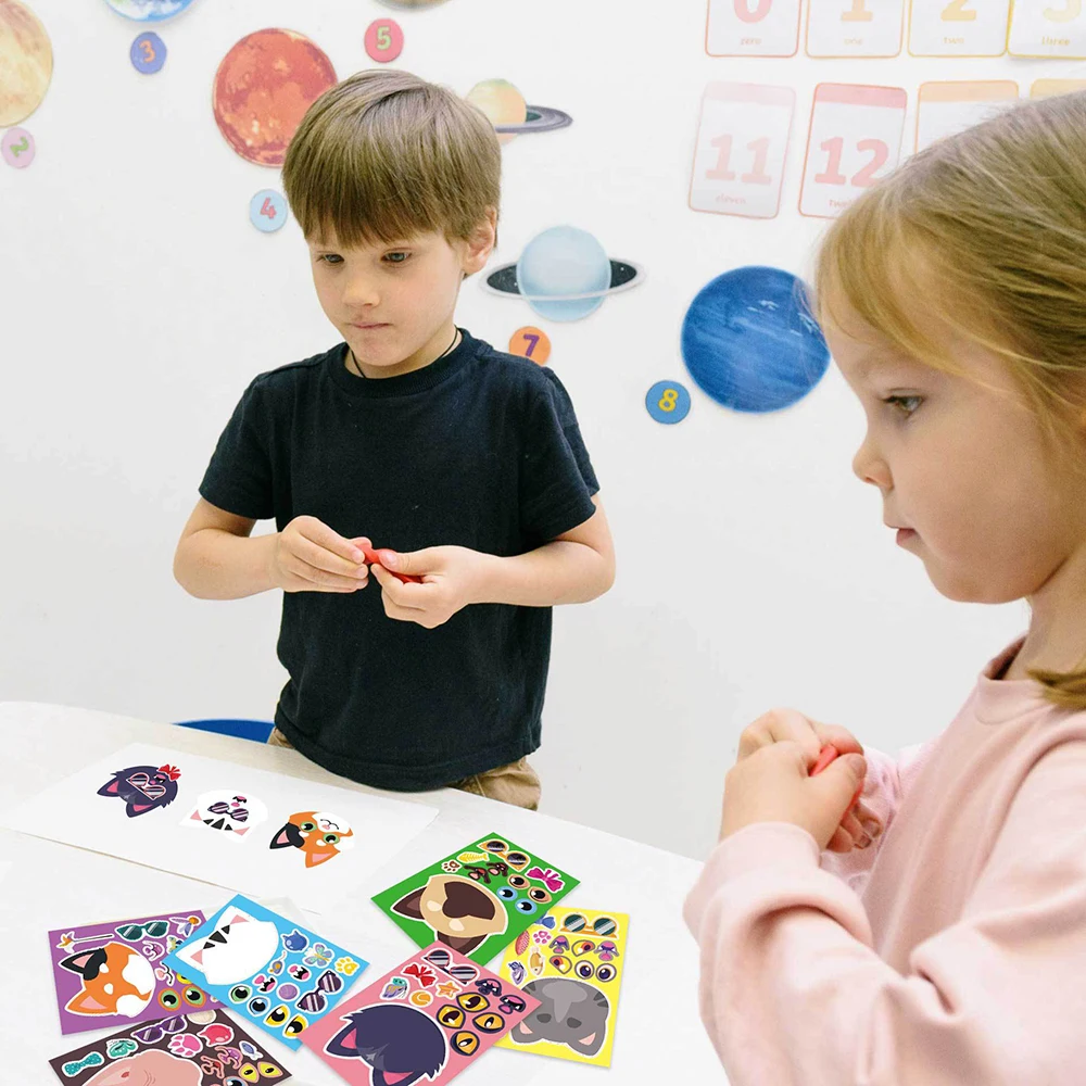 Pegatinas de cara de gato para niños, juego divertido de rompecabezas, manualidades, juguetes educativos creativos, 6 o 12 hojas