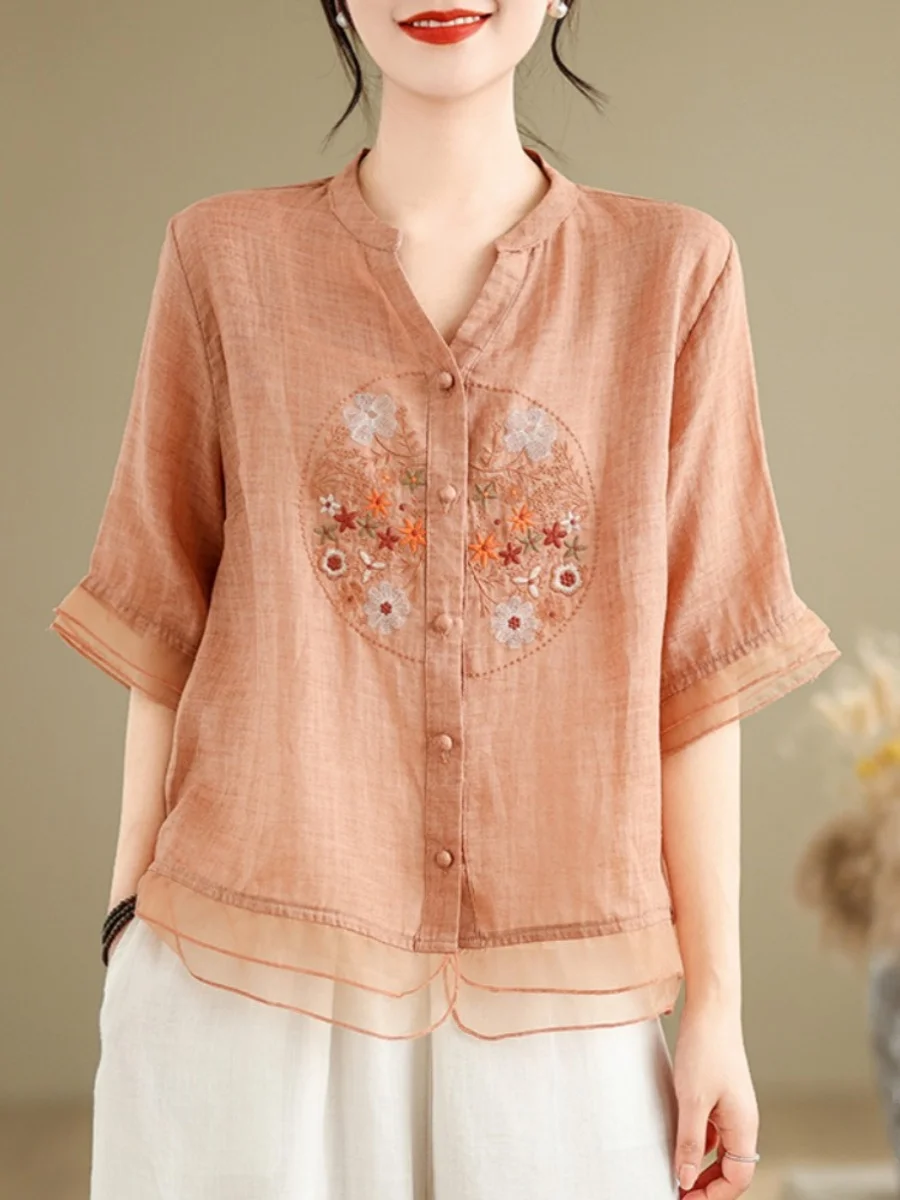 

Retro Flax Embroidered irt Women Summer 2025 European Gown Splicing Sve Slim V-ne Personali Small irt Commute Sl...