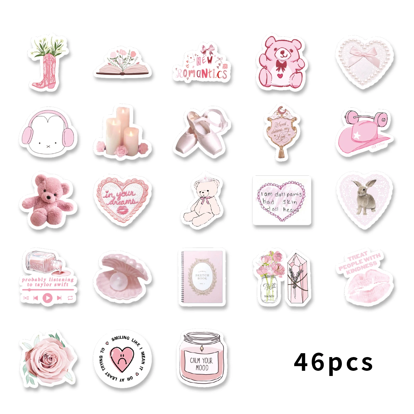 46PCS Bear, Shark, Rose Pink Theme Stickers Decorated Diary Notebook Water Bottle Classic Toy Stationery Paper-Cut Thin Decal