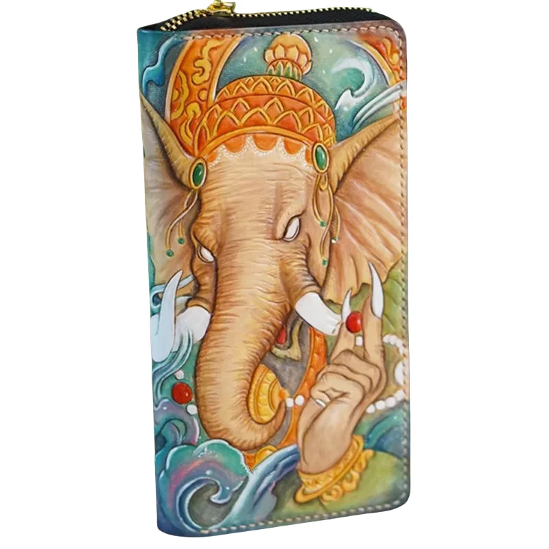 

Handmad Genuine Leather Wallets Carving Elephant God Zipper Bag Purses Women Men Long Clutch Vegetable Tanned Leather Wallet