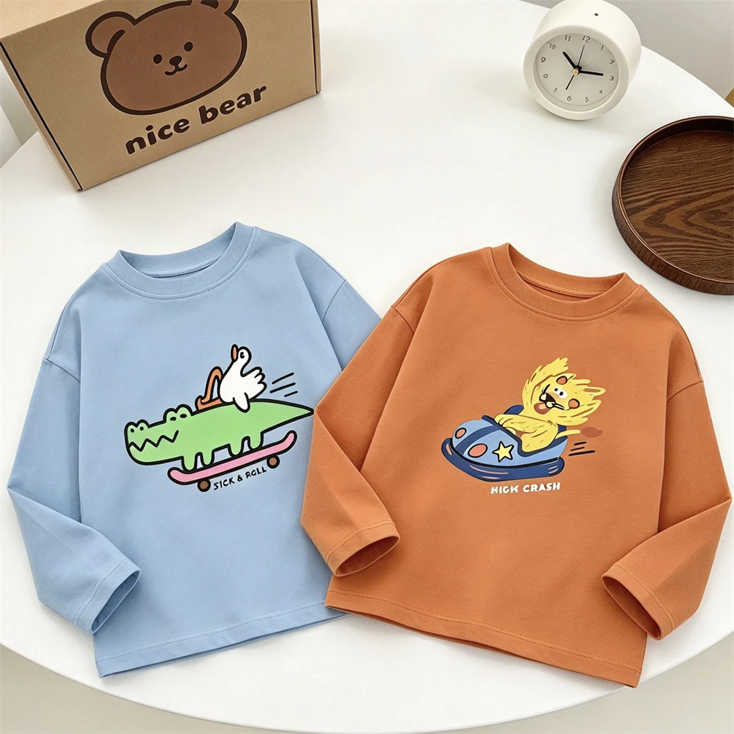Orange Coffee Brown Blue T-shirt Small Child Spring Autumn Clothes Baby Boys Round Neck Bottoming Shirt Cartoon Fashion Tops