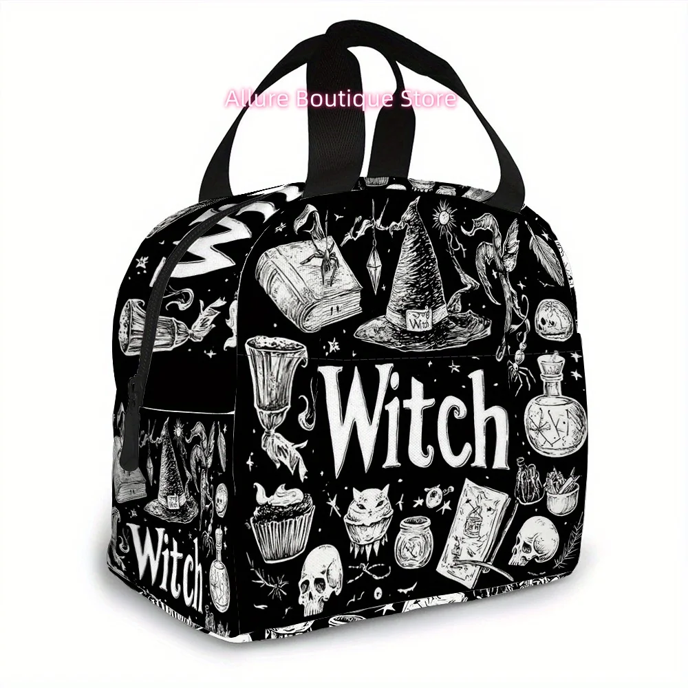 Hand Drawn Witch Theme Insulated Lunch Bag - Vintage Style Black & White Printed Design, Durable Polyester with High-End Insulat