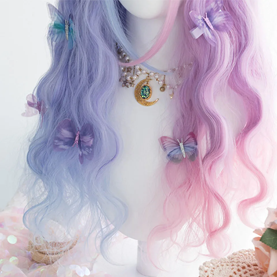 OLACARE Long Ombre Colorful Synthetic Cosplay Lolita Harajuku Wig With Bangs Natural Wavy Wigs White Green Daily Wigs